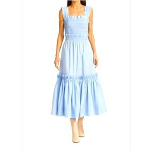 Sea New York Sz L Pheobe Midi Dress Blue Smocked Sleeveless  100% Cotton Tiered
